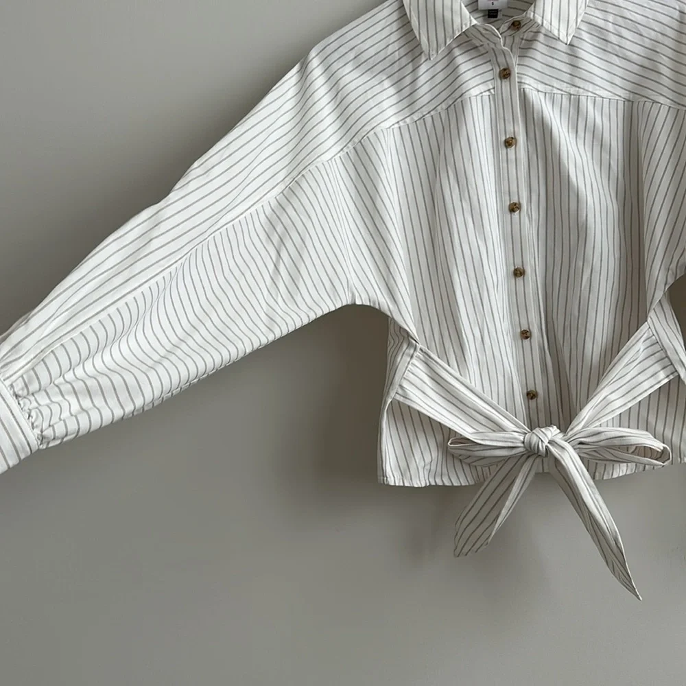 Cabi Balloon Sleeve Waist Tie Button Down Striped Collared Shirt Top Linen Look - Picture 3 of 4